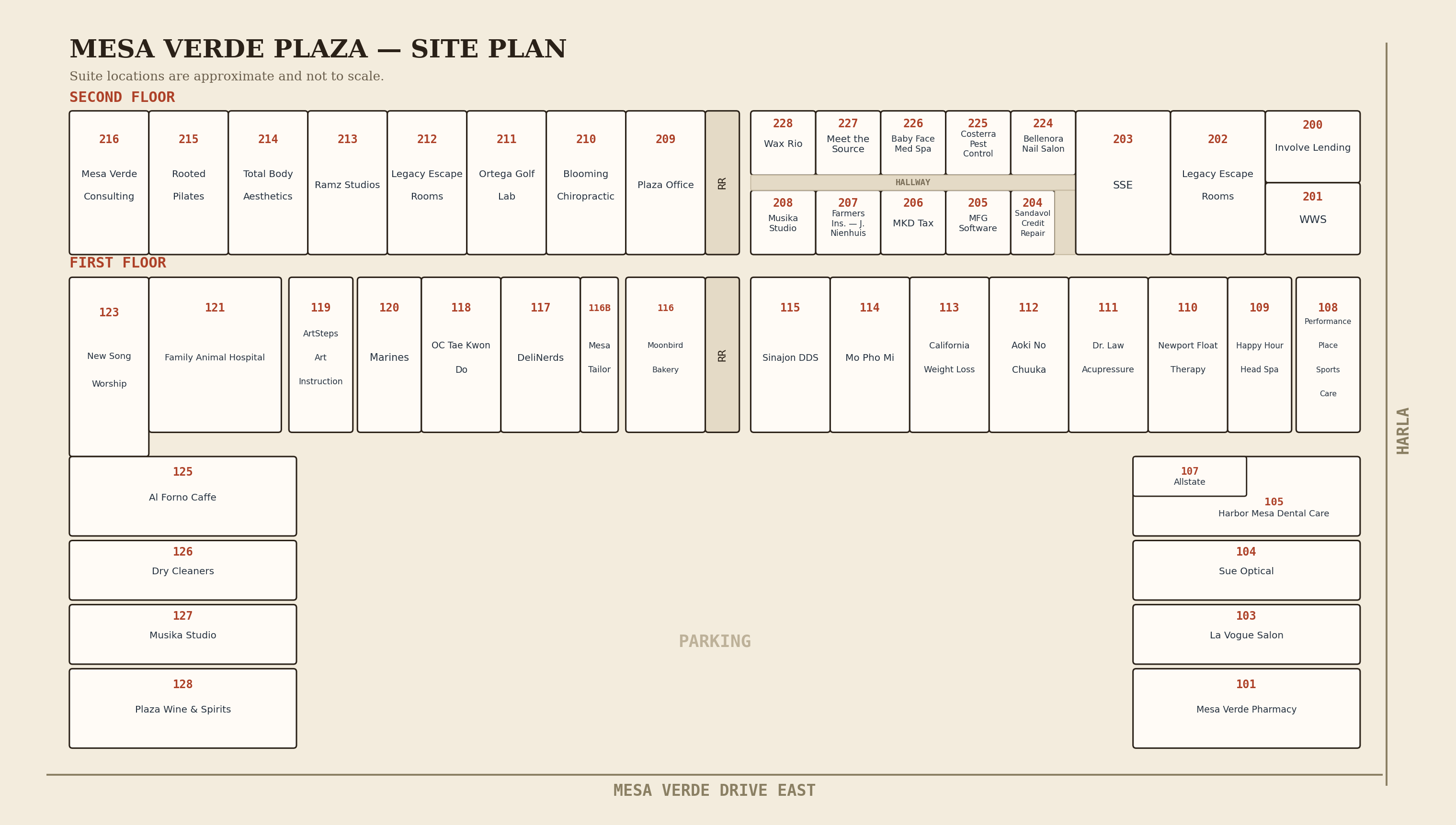 Visual site plan of Mesa Verde Plaza by suite number — see the Plaza Directory section above for the full accessible list of businesses and suite numbers